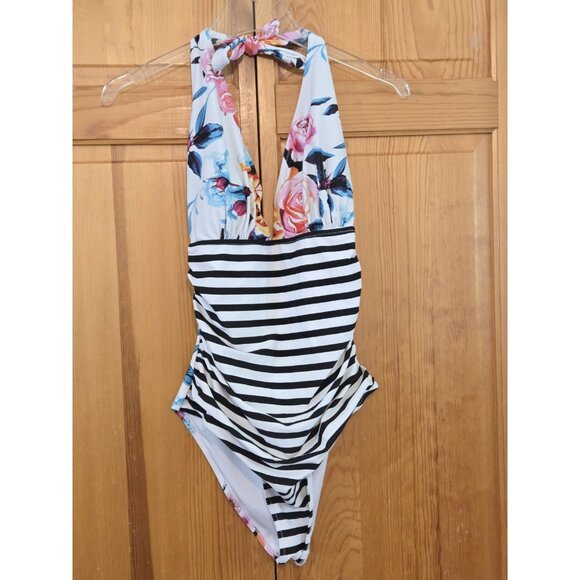 Cupshe Swimsuit L Tummy Control Floral and‎ Stripe Halter One Piece - Picture 1 of 11